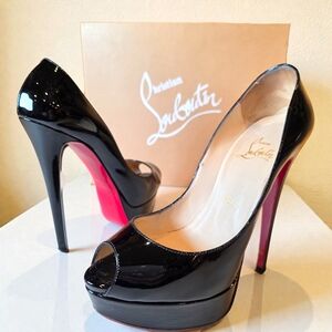 Christian Louboutin Black and Red Peep Toe Heels Shoes Size 37 Full Inclusion